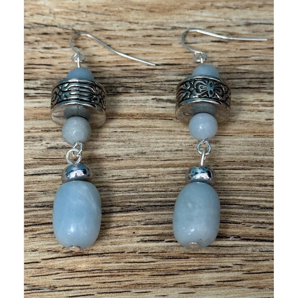 Premier Designs Earrings Blue Stone 2" Drop Silver-tone Beads Hook Pierced NWOT